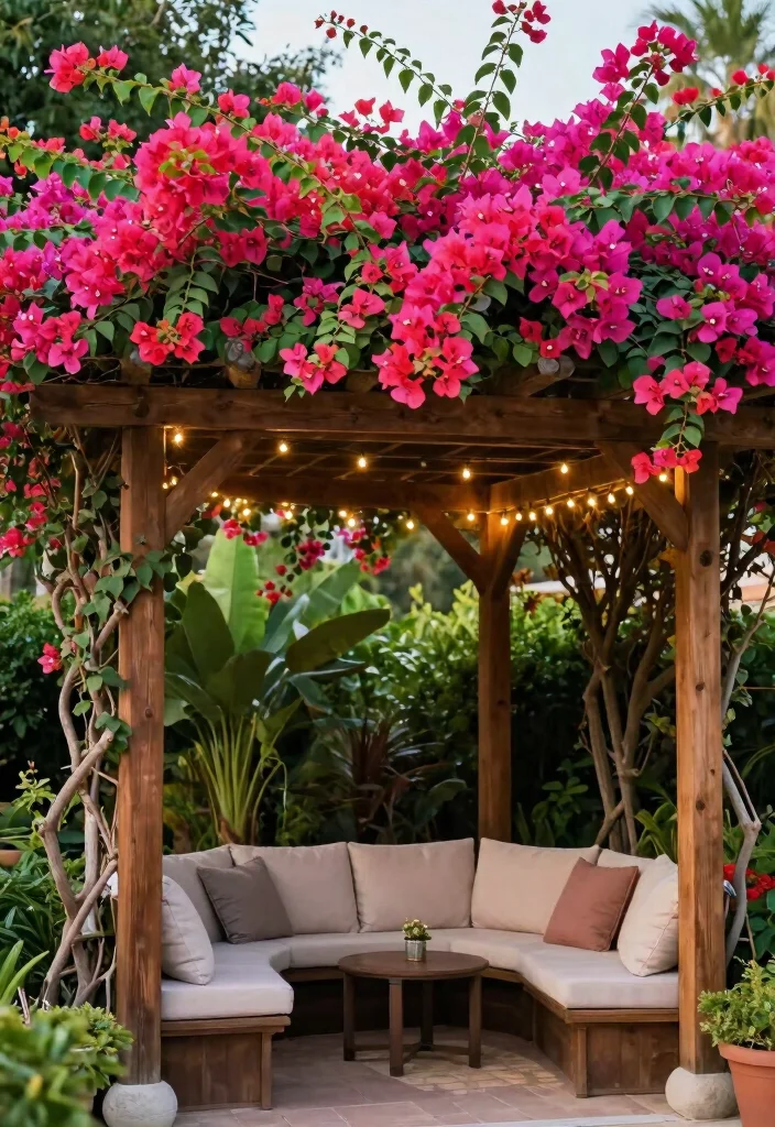 12 Bougainvillea Trellis Ideas for Bright Vertical Color 8. Pergola with Bougainvillea 0