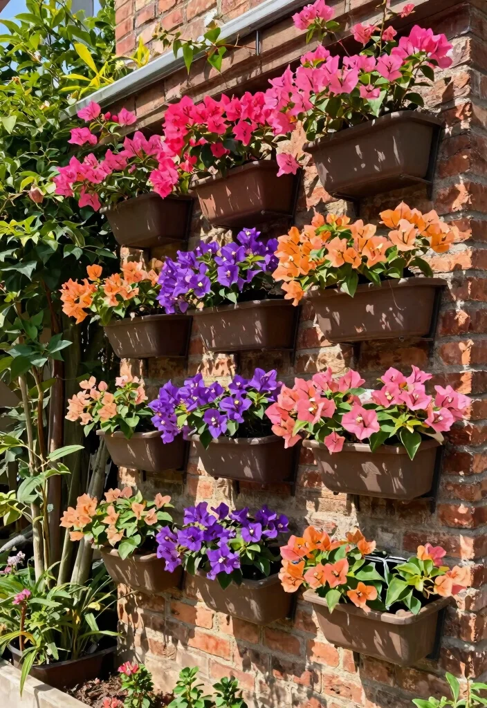 12 Bougainvillea Trellis Ideas for Bright Vertical Color 9. Bougainvillea Wall Planters 0