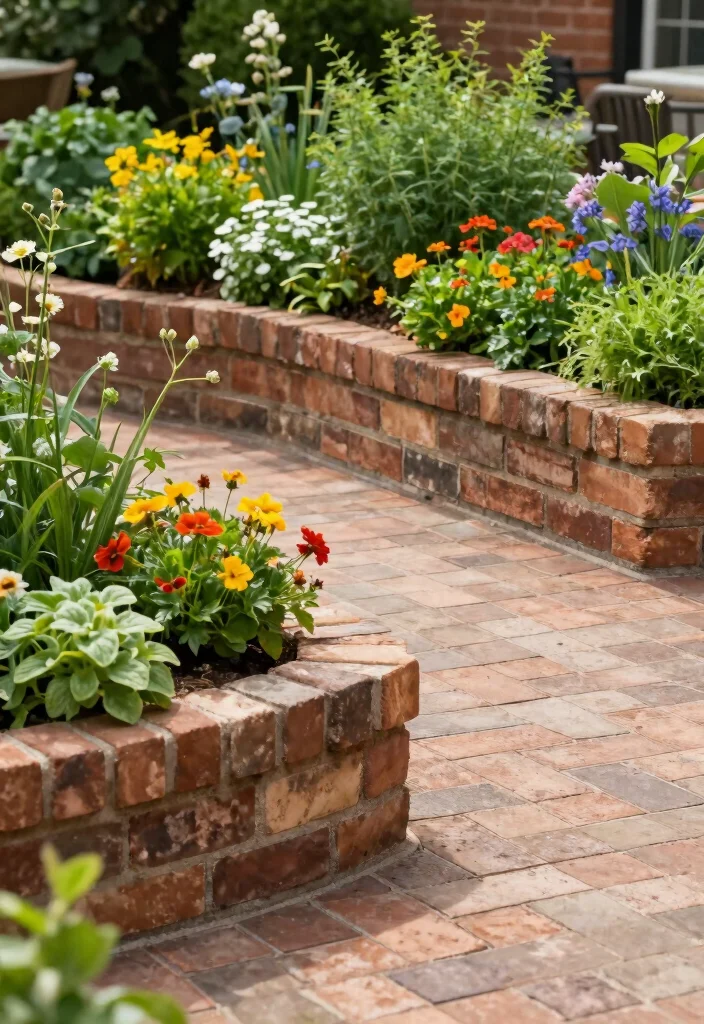 12 Brick Patio Ideas for Backyard Spaces 5. Raised Brick Patio with Integrated Planters 0