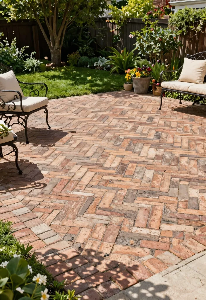 12 Brick Patio Ideas for Classic Backyard Design 1. Classic Herringbone Pattern 0