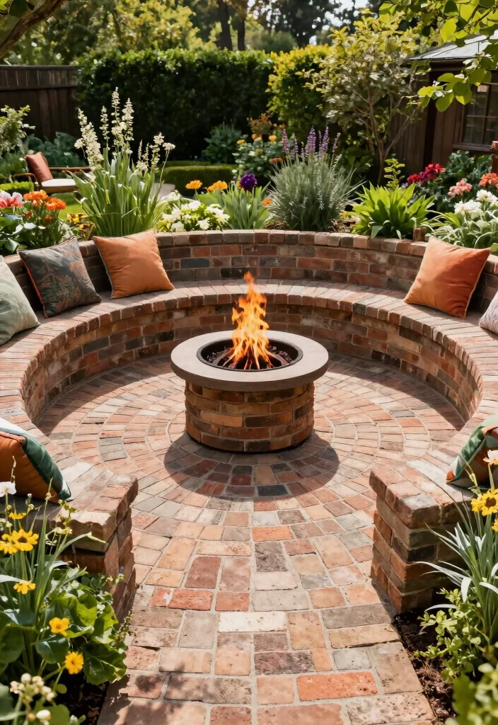 12 Brick Patio Ideas for Classic Backyard Design 2. Rustic Circular Patio 0