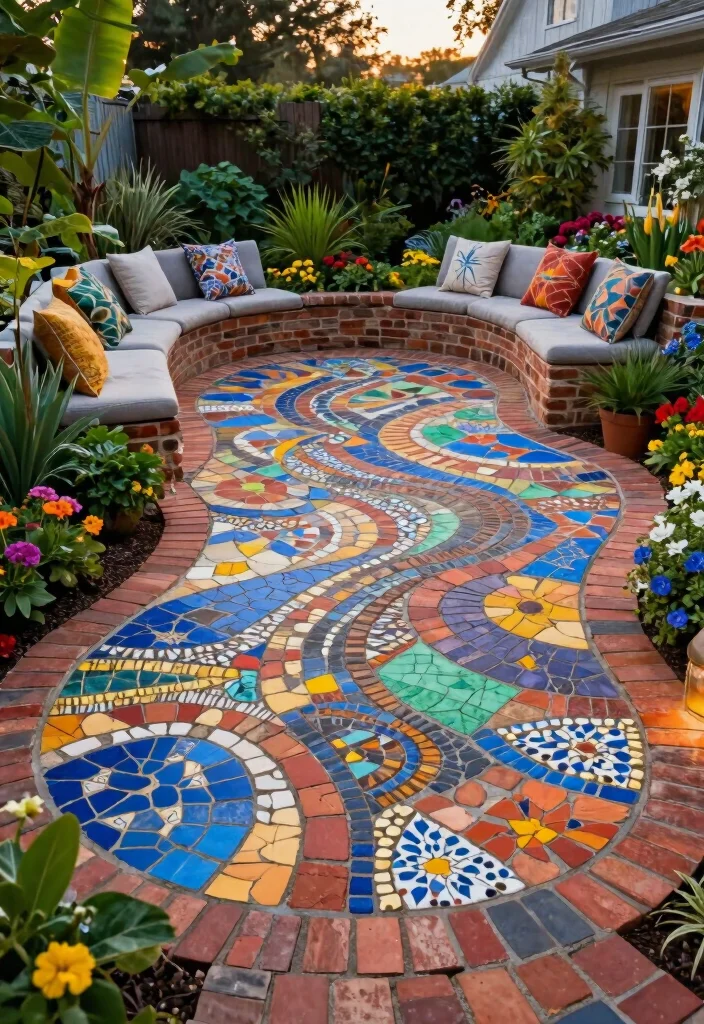 12 Brick Patio Ideas for Classic Backyard Design 8. Artistic Mosaic Patterns 0