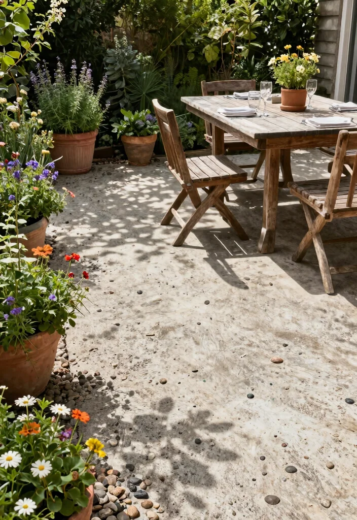 12 Cement Patio Ideas for Low Maintenance Design 3. Rustic Charm with Exposed Aggregate 0
