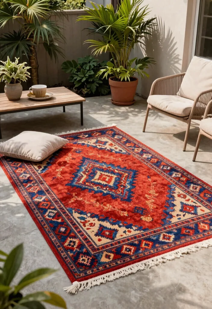 12 Cement Patio Ideas for Low Maintenance Design 8. Outdoor Rugs for Comfort 0