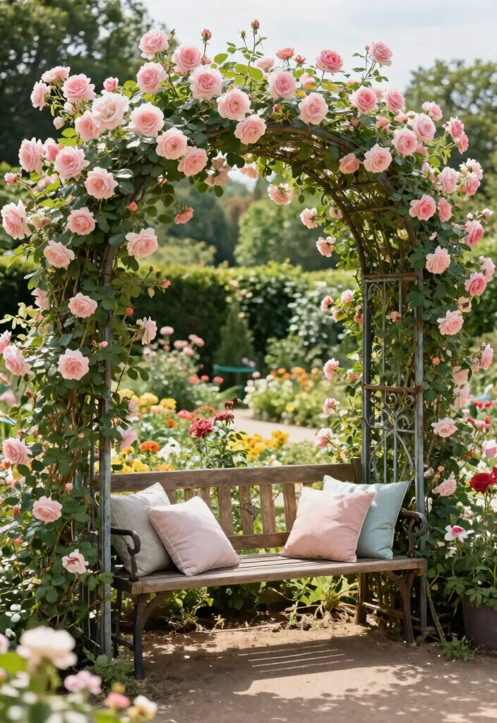 12 Climbing Rose Trellis Ideas for Romantic Garden Spaces 10. Garden Arch with Bench 0