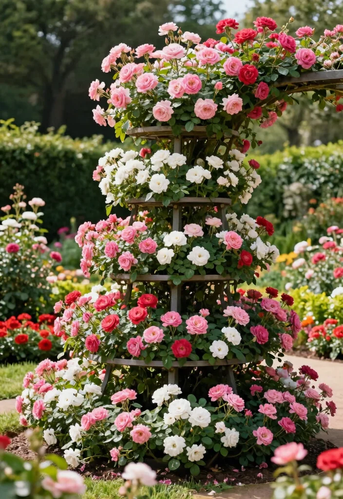 12 Climbing Rose Trellis Ideas for Romantic Garden Spaces 6. Tiered Garden Trellis 0