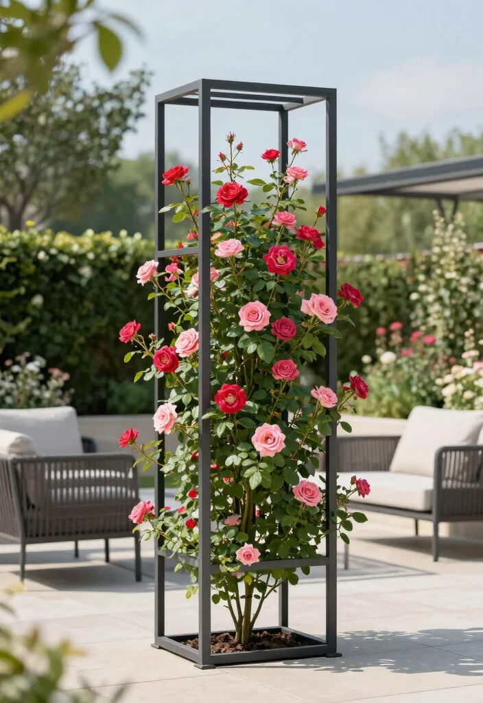 12 Climbing Rose Trellis Ideas for Romantic Garden Spaces 7. Minimalist Metal Trellis 0