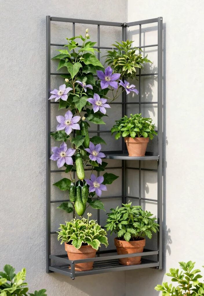 12 Corner Trellis Ideas to Use Garden Space Efficiently 2. Vertical Garden Wall with Metal Trellis 0