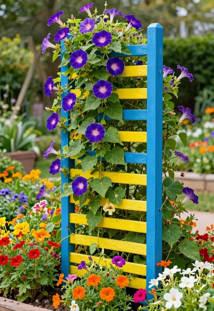 12 Corner Trellis Ideas to Use Garden Space Efficiently 8. Colorful Painted Trellis 0