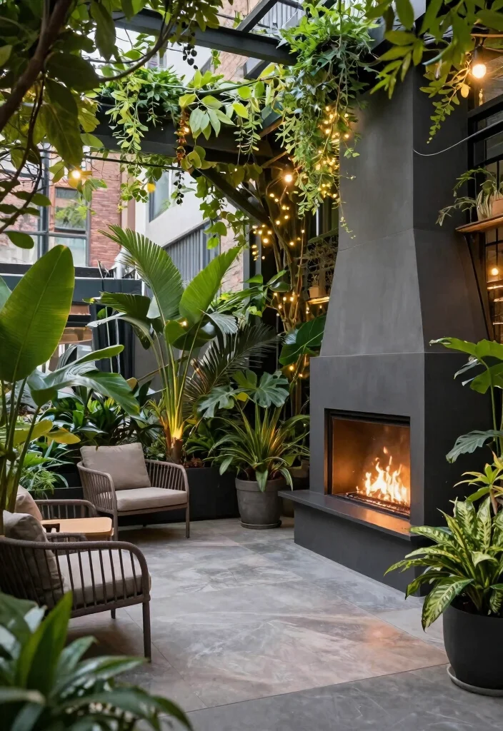 12 Covered Patio Ideas With Fireplace for Cozy Nights 5 12 Covered Patio Ideas With Fireplace for Cozy Nights 5. Urban Jungle with a Fire Element 0