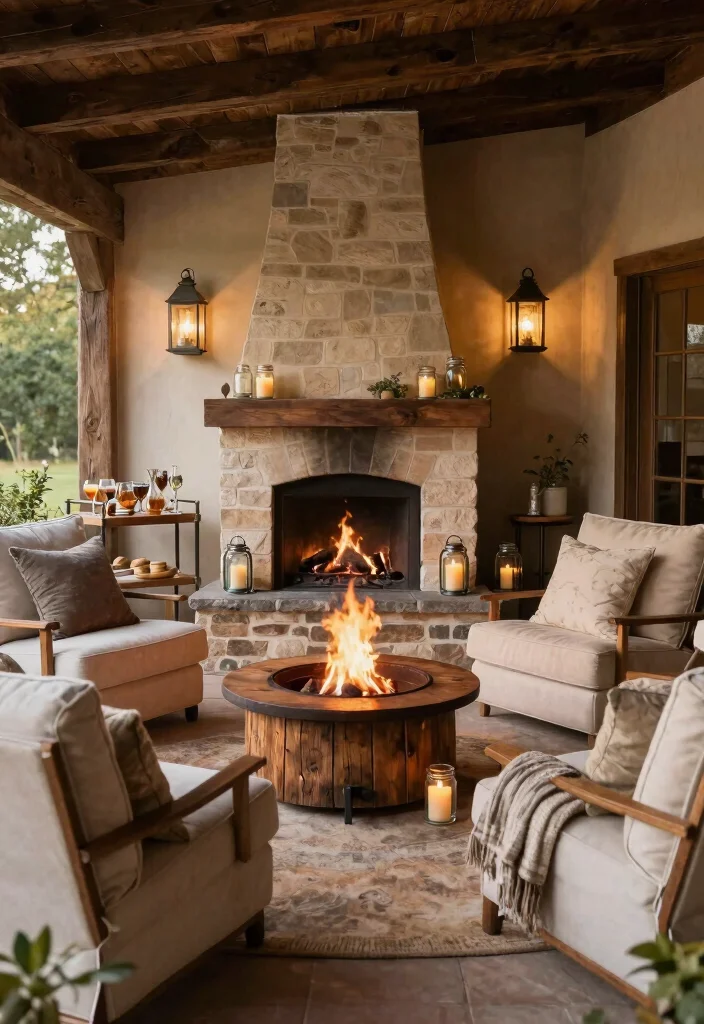 12 Covered Patio Ideas With Fireplace for Cozy Nights 16 12 Covered Patio Ideas With Fireplace for Cozy Nights 6. Farmhouse Flair with a Fire Pit 0