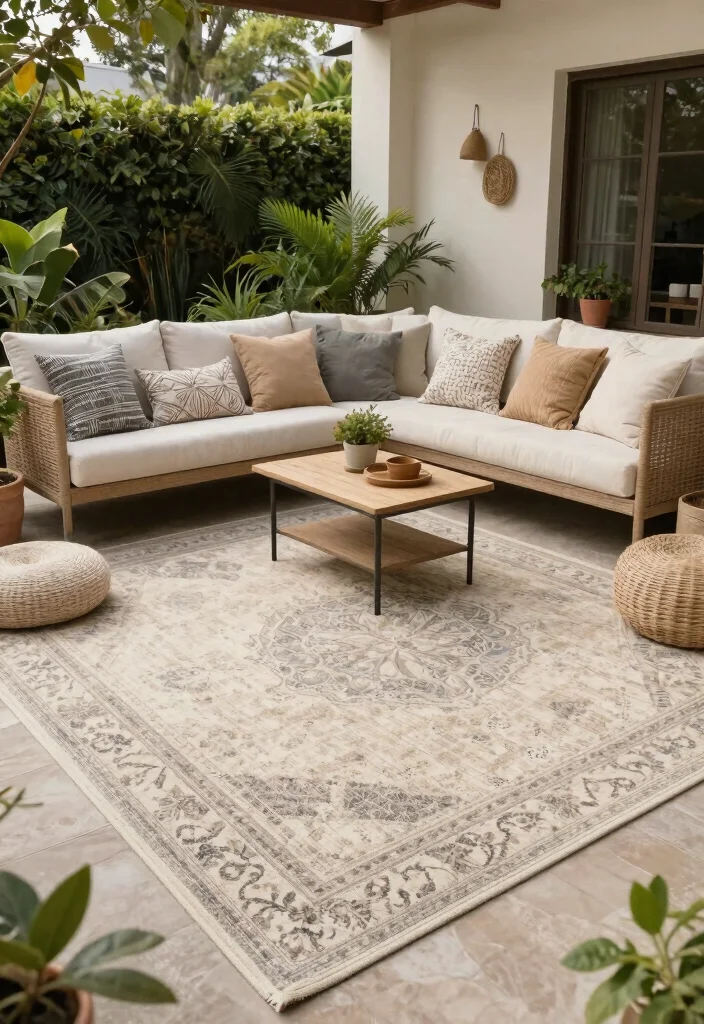 12 Cozy Patio Ideas for Relaxing Outdoor Spaces 2. Textured Rugs for Warmth 0