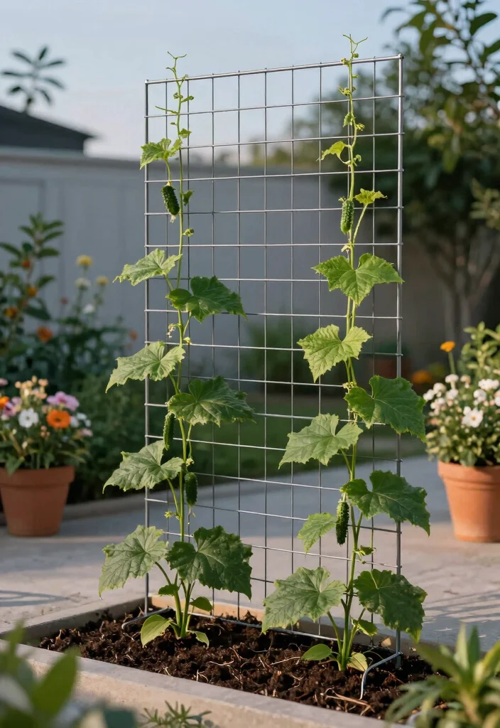12 Cucumber Trellis Ideas to Grow More in Small Garden Beds 13 12 Cucumber Trellis Ideas to Grow More in Small Garden Beds 3. Wire Mesh Trellis Modern Minimalism 0