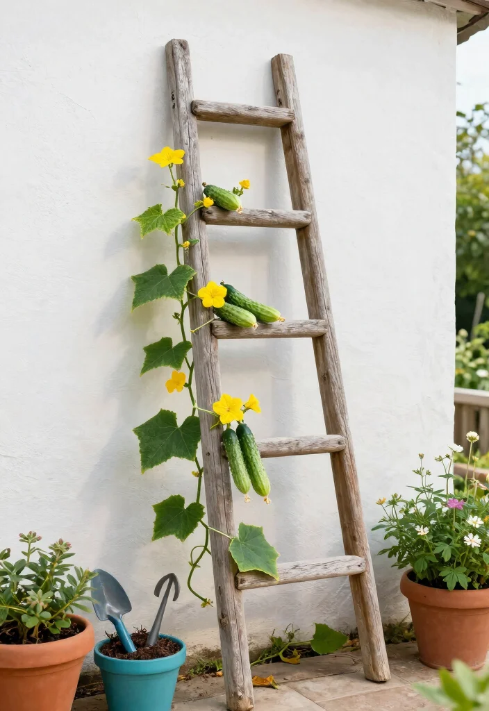 12 DIY Cucumber Trellis Ideas That Save Space 1. Ladder Trellis 0