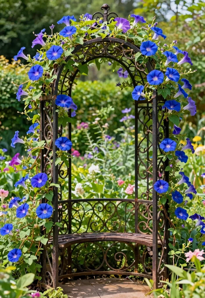 12 DIY Morning Glory Trellis Ideas for Fast Growing Blooms 12. Wrought Iron Trellis 0