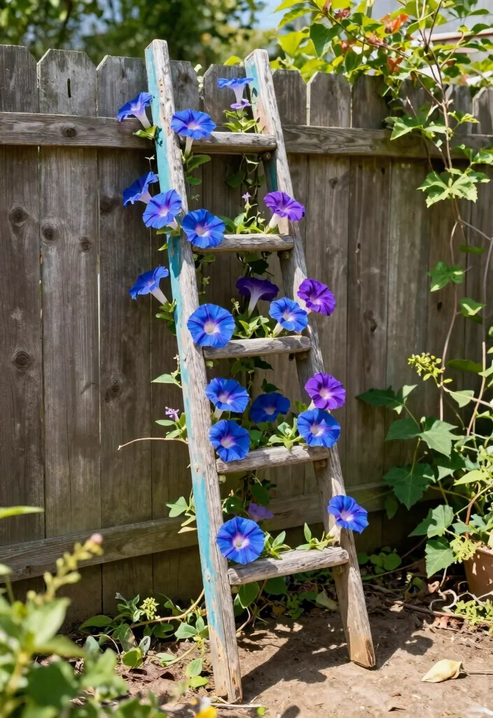 12 DIY Morning Glory Trellis Ideas for Fast Growing Blooms 2. Repurposed Ladder Trellis 0