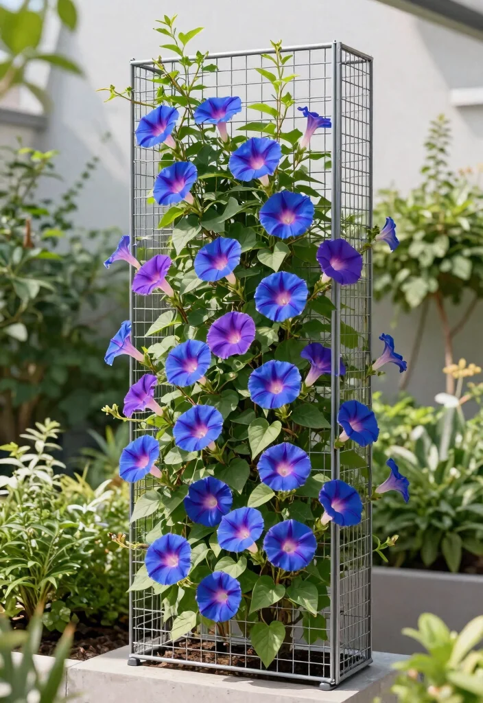 12 DIY Morning Glory Trellis Ideas for Fast Growing Blooms 9. Wire Mesh Trellis 0