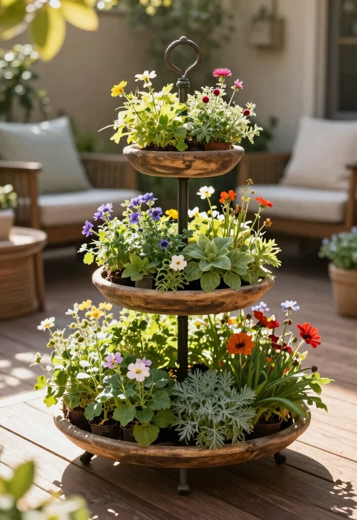 12 Deck Planter Ideas for Elevated Outdoor Spaces 8. Tiered Garden Stands A Miniature Garden 0