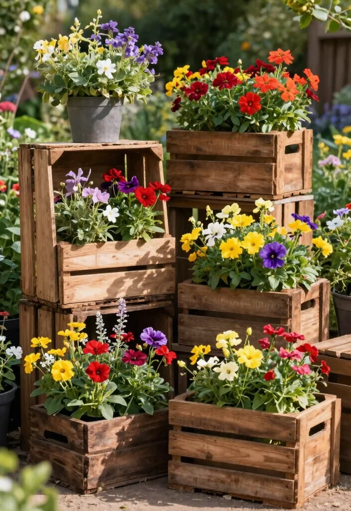 12 Flower Planter Ideas for Bright and Lush Displays 23 12 Flower Planter Ideas for Bright and Lush Displays 3. Repurposed Wood Crates 0