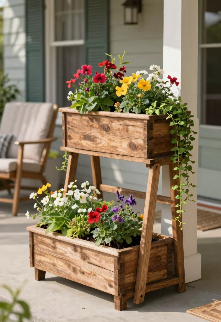 12 Front Porch Planter Ideas to Instantly Boost Curb Appeal 1. Tiered Wooden Planter Box 0