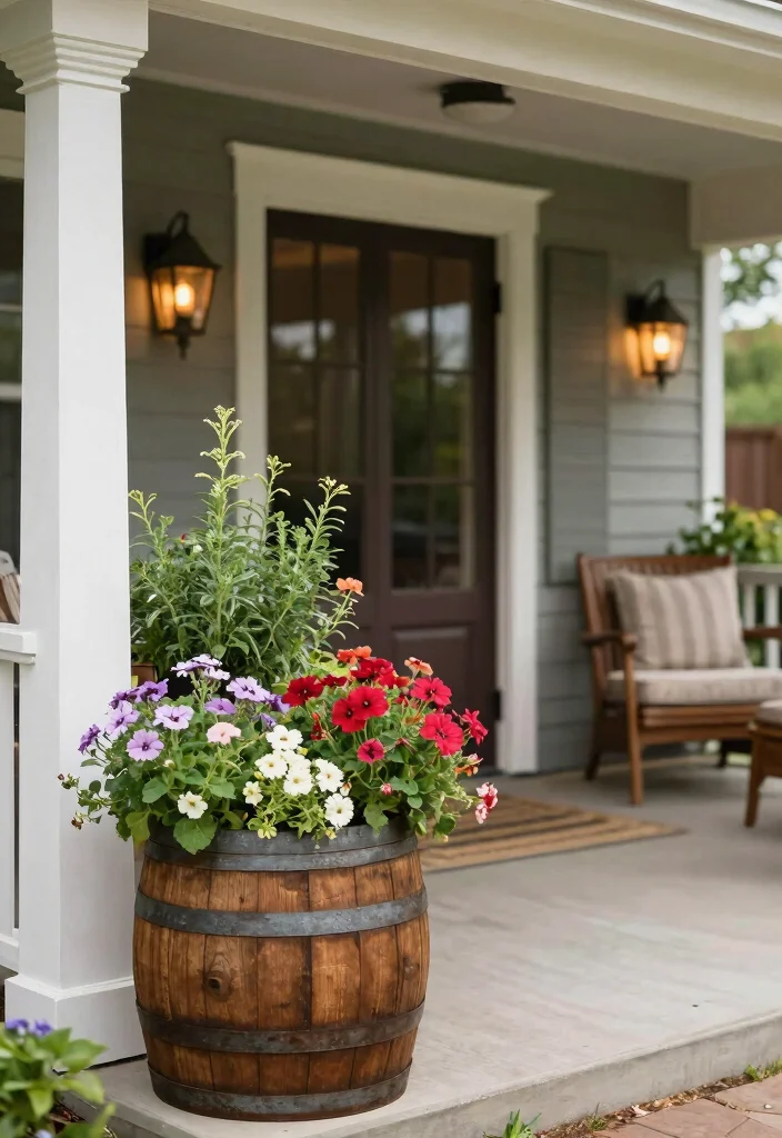 12 Front Porch Planter Ideas to Instantly Boost Curb Appeal 10. Rustic Barrel Planters 0