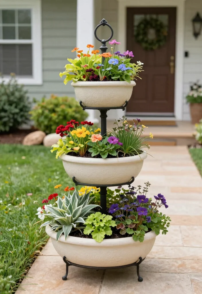 12 Front Yard Planter Ideas for Instant Curb Appeal 15 12 Front Yard Planter Ideas for Instant Curb Appeal 5. Tiered Planter Stands 0