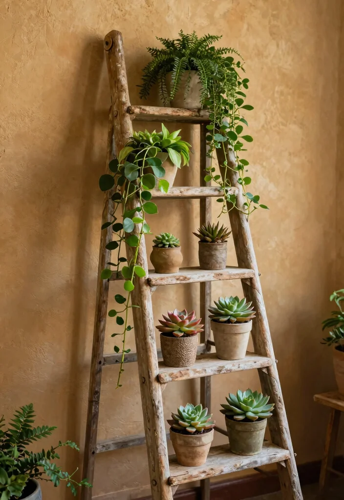 12 Indoor Plant Trellis Ideas for Healthy Vertical Growth 3. Vintage Ladder Trellis 0