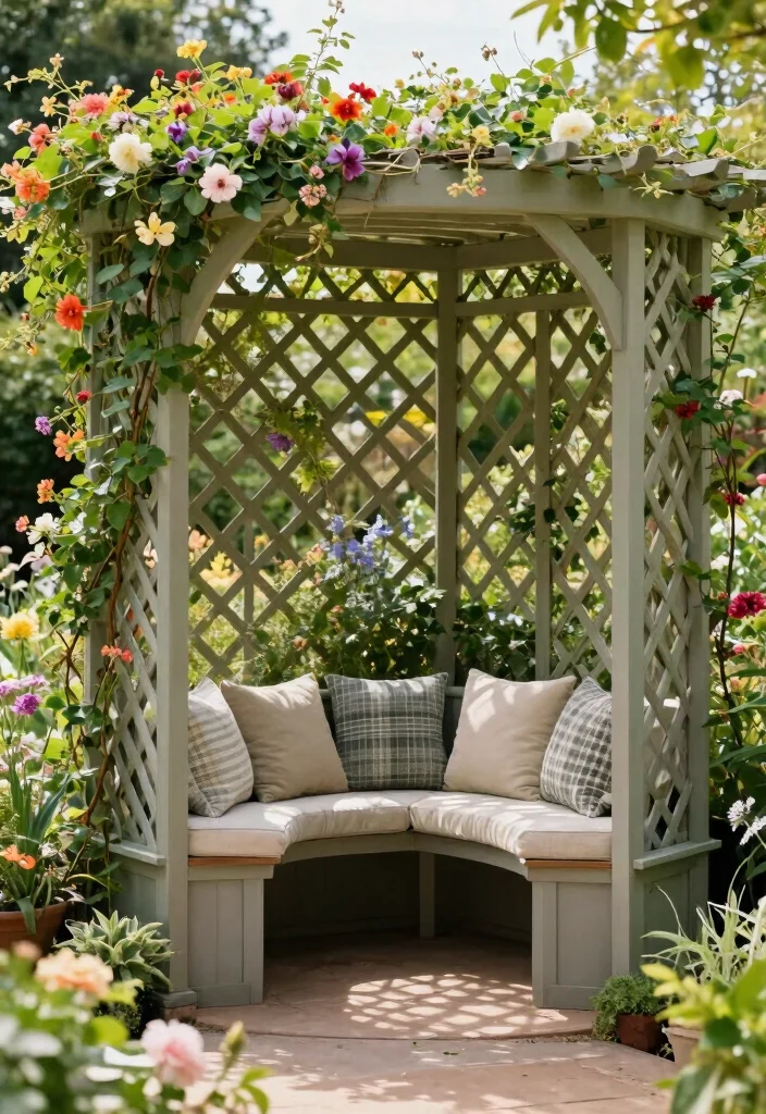 12 Lattice Trellis Ideas for Classic Garden Structure 11. Privacy Lattice with Built in Seating 0