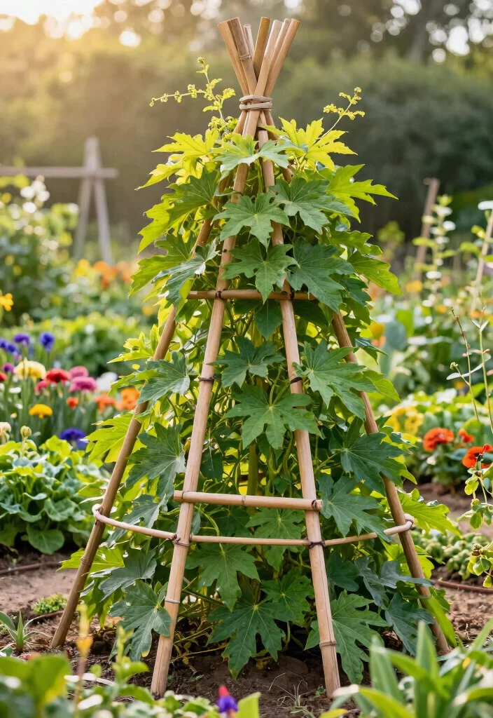 12 Loofah Trellis Ideas for Vertical Vegetable Growth 4. Bamboo Teepee Trellis 0