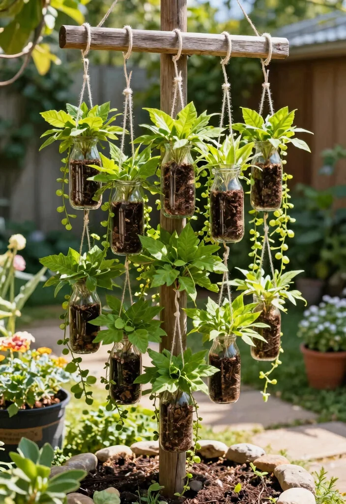 12 Loofah Trellis Ideas for Vertical Vegetable Growth 6. Hanging Bottle Trellis 0