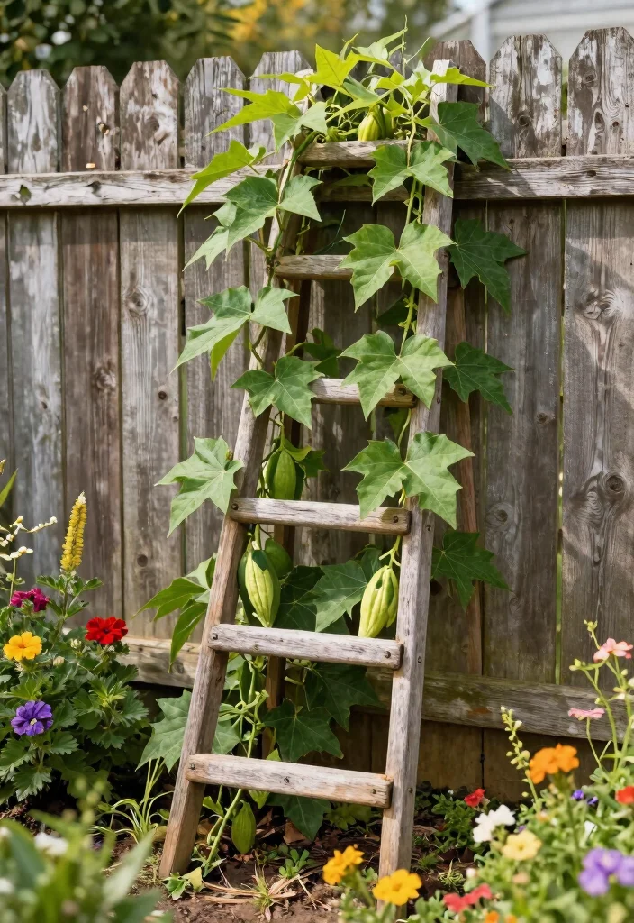 12 Loofah Trellis Ideas for Vertical Vegetable Growth 7. Trellis Made from Old Ladders 0