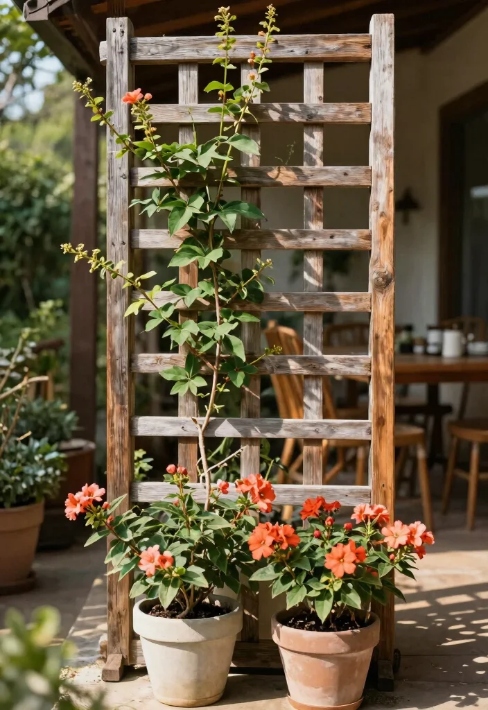 12 Mandevilla Vine Trellis Ideas for Patios and Balconies 1. Rustic Wooden Trellis 0