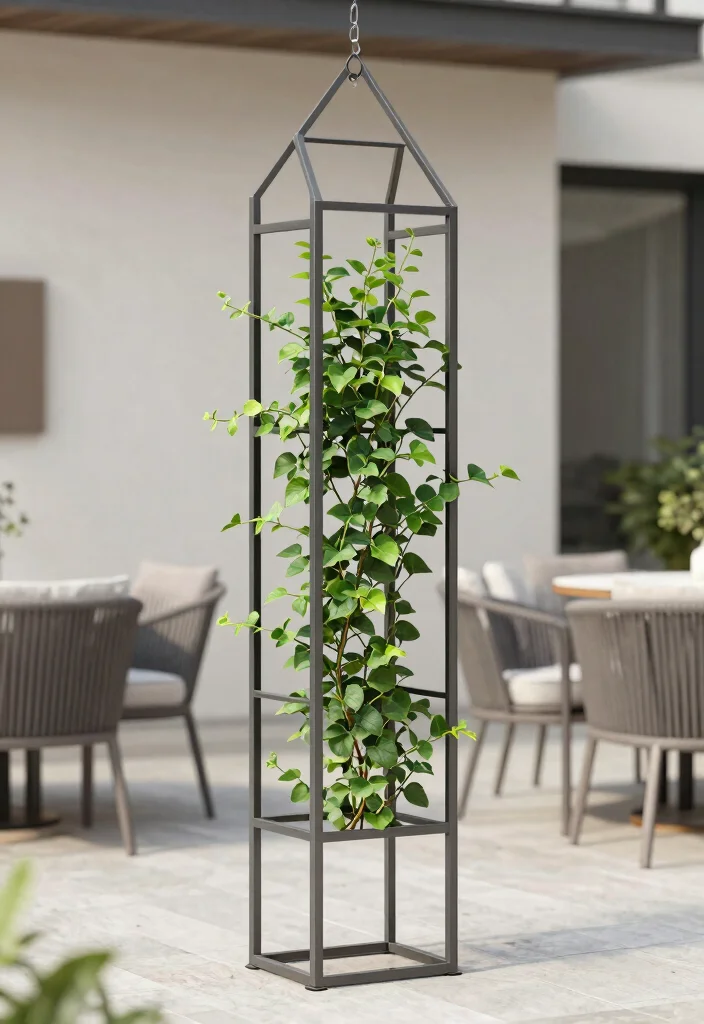 12 Mandevilla Vine Trellis Ideas for Patios and Balconies 6. Minimalist Metal Trellis 0