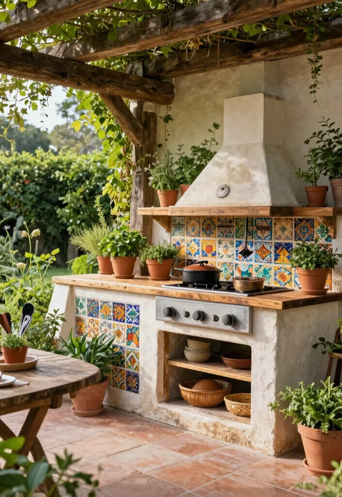 12 Mediterranean Backyard Ideas for Warm Inviting Outdoor Living 4. Rustic Outdoor Kitchen 0