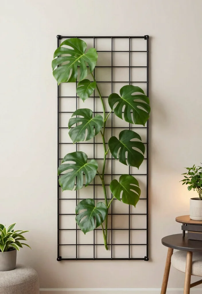 12 Monstera Trellis Ideas for Strong Indoor Plant Support 13 12 Monstera Trellis Ideas for Strong Indoor Plant Support 3. Metal Grid Trellis 0