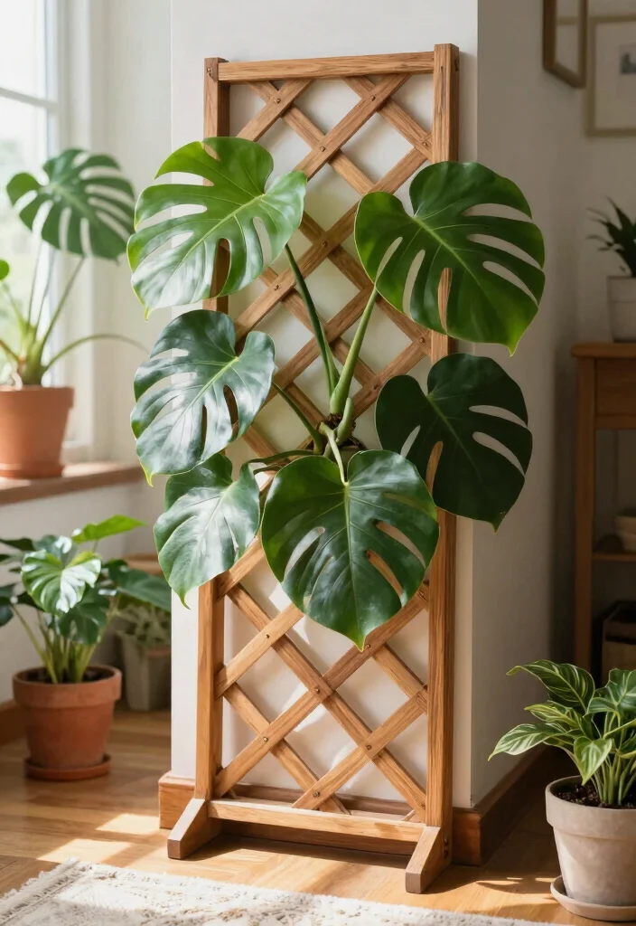 12 Monstera Trellis Ideas for Strong Indoor Plant Support 24 12 Monstera Trellis Ideas for Strong Indoor Plant Support 4. Wooden Lattice Trellis 0
