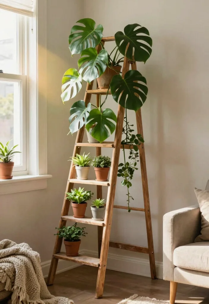 12 Monstera Trellis Ideas for Strong Indoor Plant Support 26 12 Monstera Trellis Ideas for Strong Indoor Plant Support 6. Vintage Ladder Trellis 0