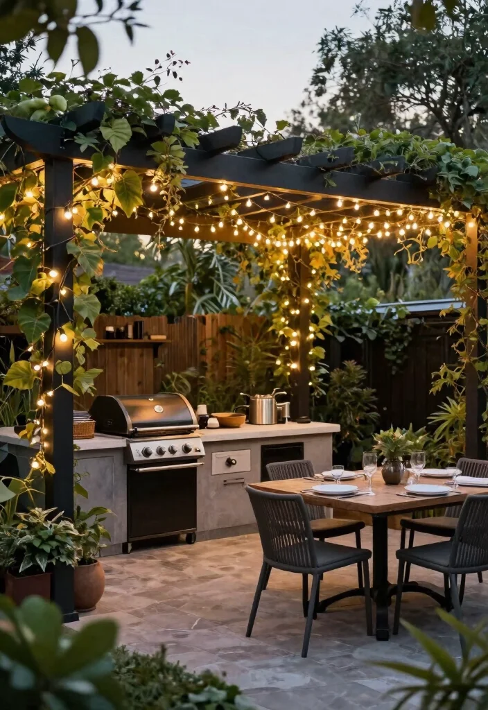 12 Outdoor Patio Kitchen Ideas for Easy Entertaining 6. Stylish Pergola Cooking Space 0