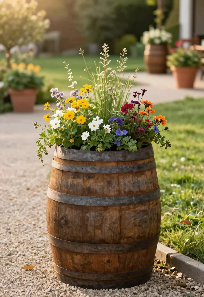 12 Outdoor Planter Ideas for Patios and Yards 10. Rustic Barrel Planters 0