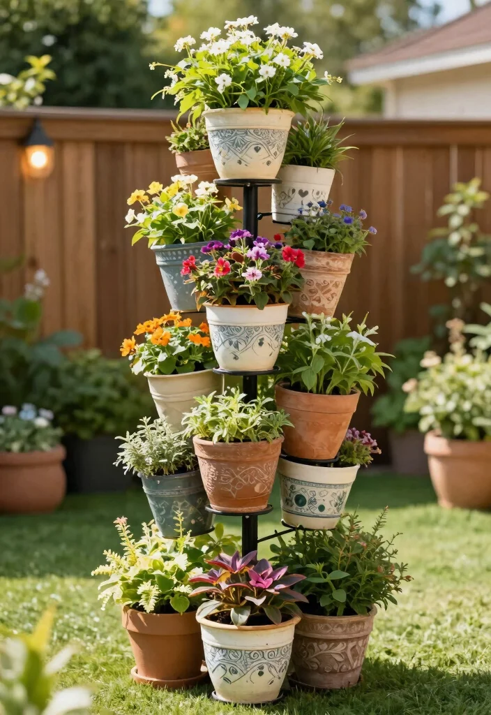 12 Patio Planter Ideas Using Decorative Plant Pots 1. Vertical Tower Garden 0