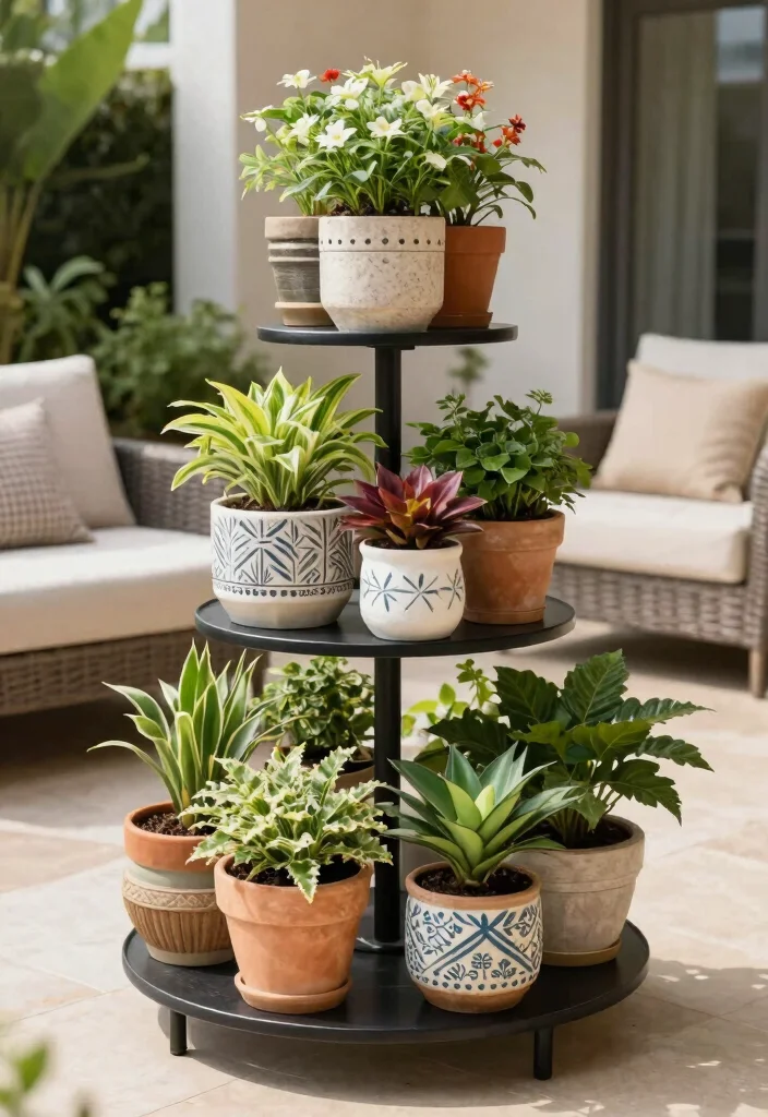 12 Patio Planter Ideas Using Decorative Plant Pots 5. Tiered Plant Stand 0