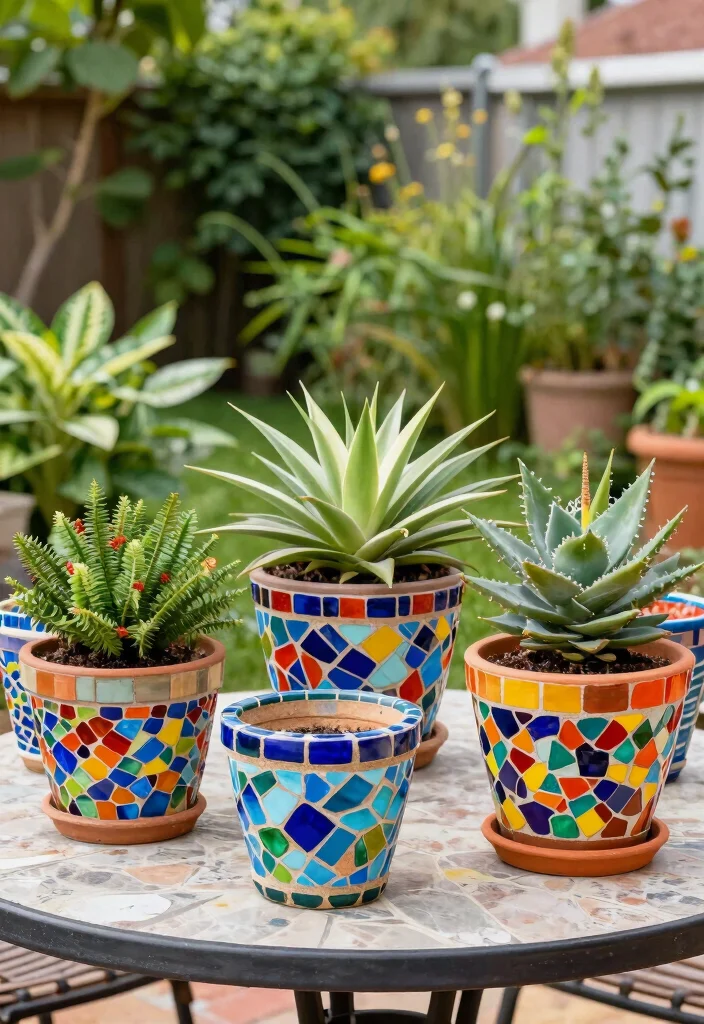 12 Patio Planter Ideas Using Decorative Plant Pots 6. Colorful Mosaic Pots 0