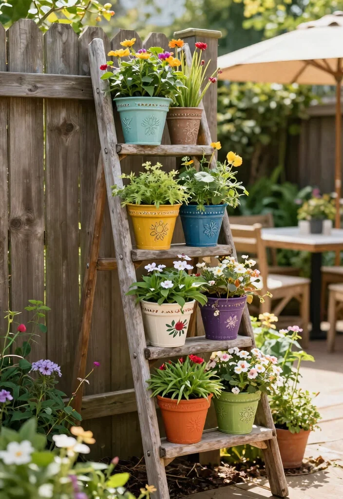 12 Patio Planter Ideas Using Decorative Plant Pots 7. Vertical Ladder Garden 0