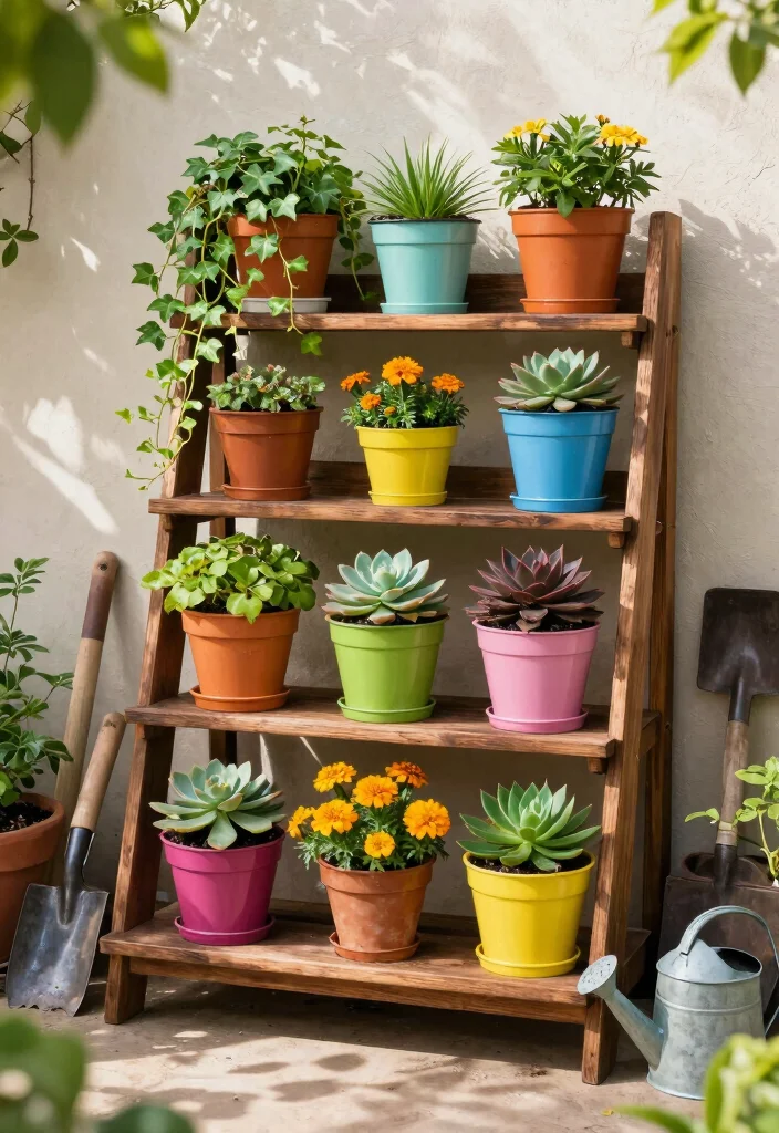 12 Patio Planter Ideas to Add Color and Style Outdoors 1. Tiered Planting Shelves for Maximum Impact 0