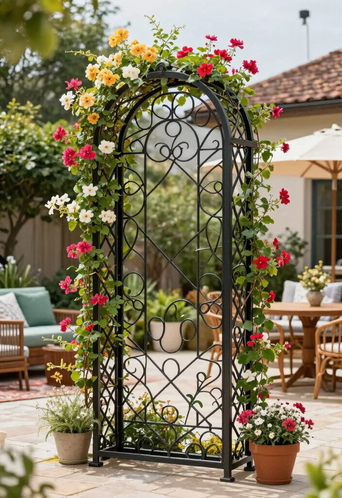 12 Patio Trellis Ideas to Add Shade and Privacy Outdoors 11. Decorative Trellis with Art Features 0