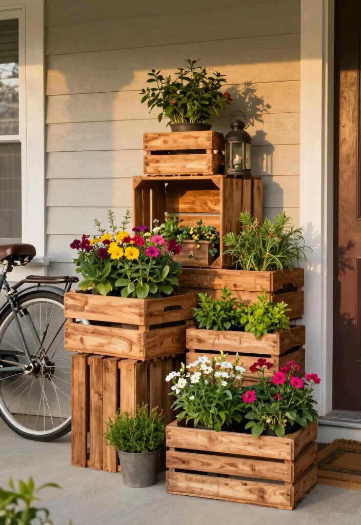 12 Porch Planter Ideas for Welcoming Entryways 6. Rustic Wooden Crates 0