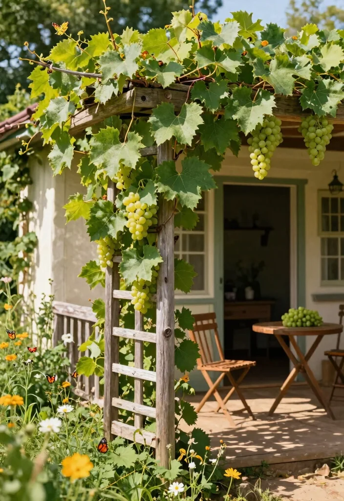12 Porch Trellis Ideas for Shade and Privacy at Entryways 3. Rustic Wooden Trellis with Grapevines 0
