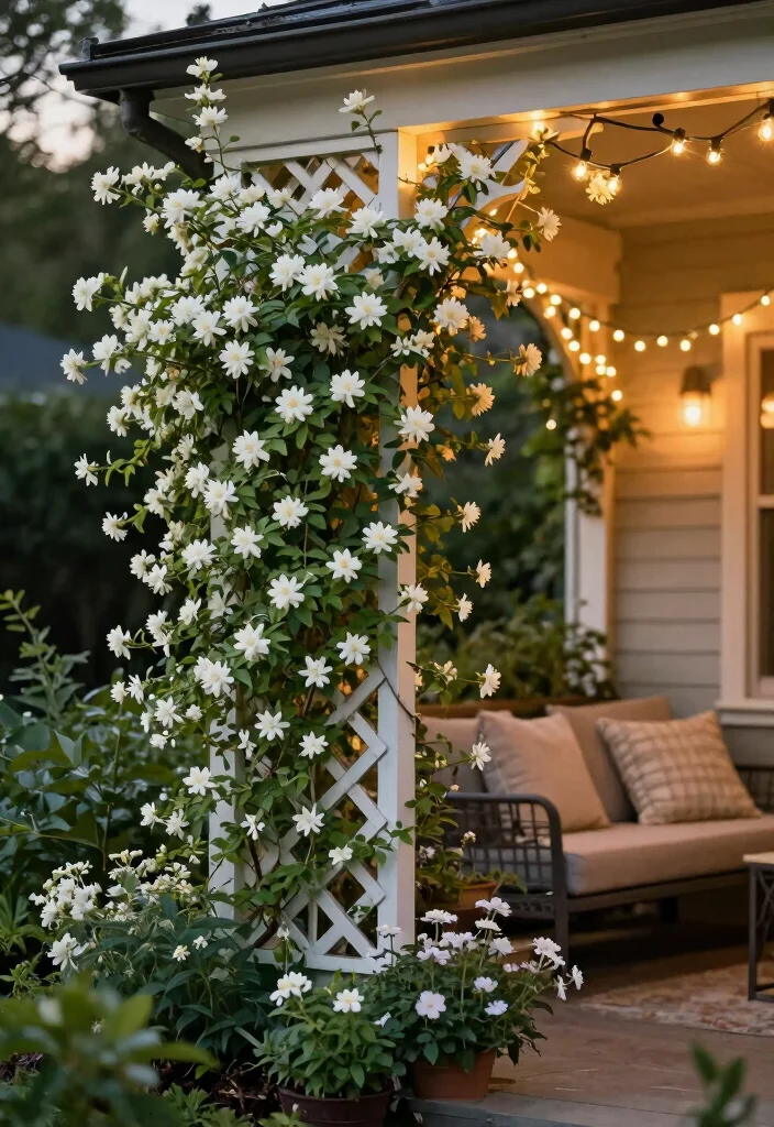 12 Porch Trellis Ideas for Shade and Privacy at Entryways 5. Decorative Trellis with Climbing Jasmine 0