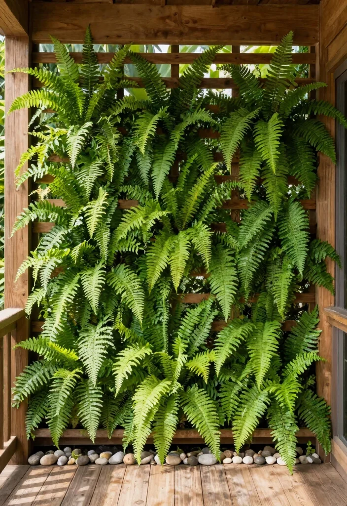 12 Porch Trellis Ideas for Shade and Privacy at Entryways 9. Vertical Slat Trellis with Climbing Ferns 0
