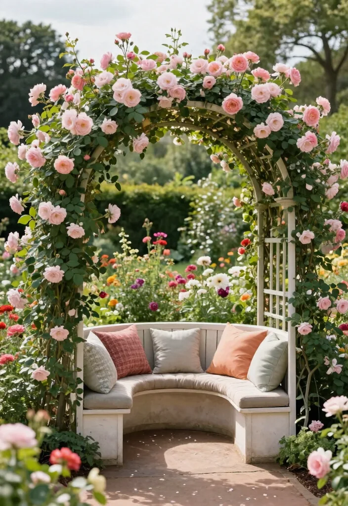 12 Rose Trellis Ideas for Elegant Garden Displays 61 12 Rose Trellis Ideas for Elegant Garden Displays 11. Garden Arch with Seating 0